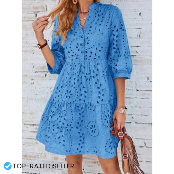 Eyelet Lace Midi Dress V-Neck Puff Sleeve Tiered A-Line Casual Chic - Picture 3 of 6